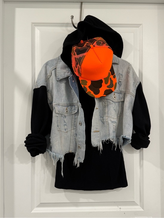 Dance & Marvel Jackets & Blazers - Cropped embellished Denim jacket with sweatshirt sleeves and detachable hood.